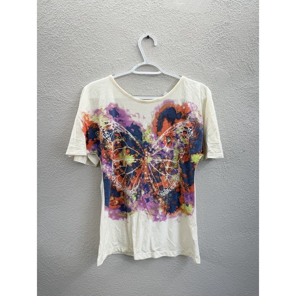 D-Signed Juniors Shirt Large Cream Butterfly Gem Embellished Short Sleeve Y2K